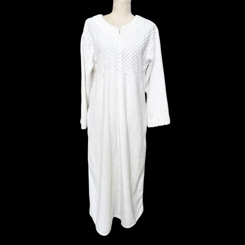 Vintage 70s Stan Herman White Terry Zip Front House Dress Robe Med